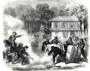 Konföderierte Baumwollbrenner in der Nähe von Memphis von Bundesspähtrupps überrascht während des amerikanischen Bürgerkriegs, 1862